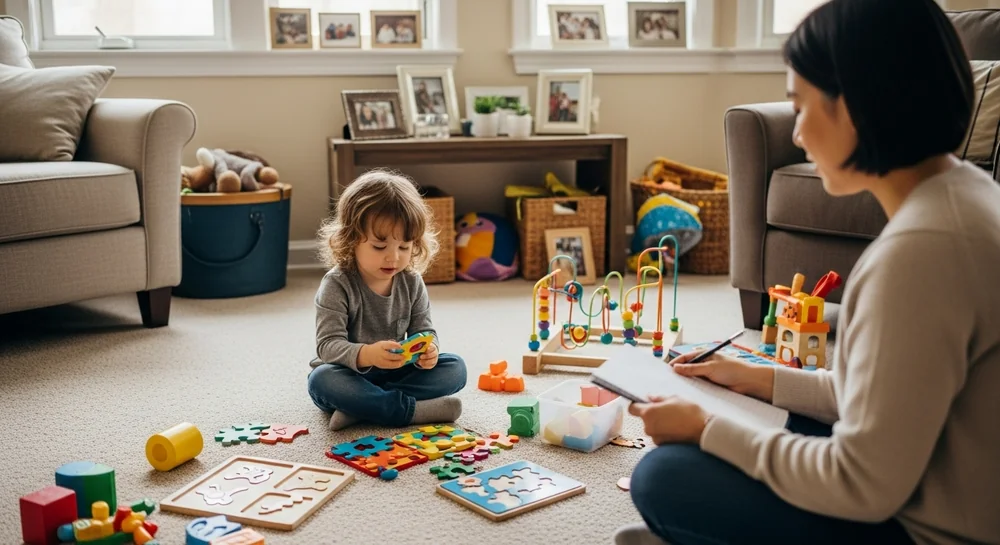 Autism diagnostic assessment session with child and practitioner