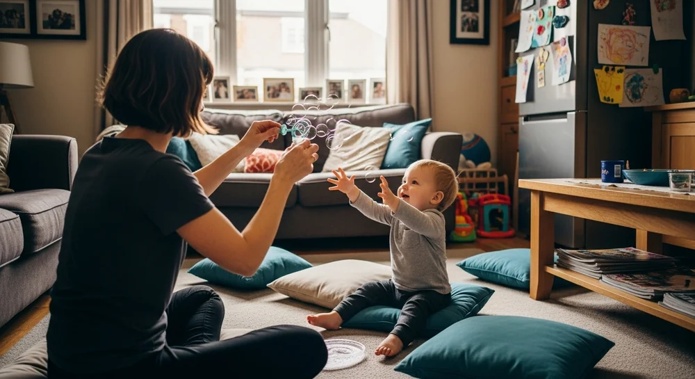 Early intervention session with young child playing with bubbles on the floor