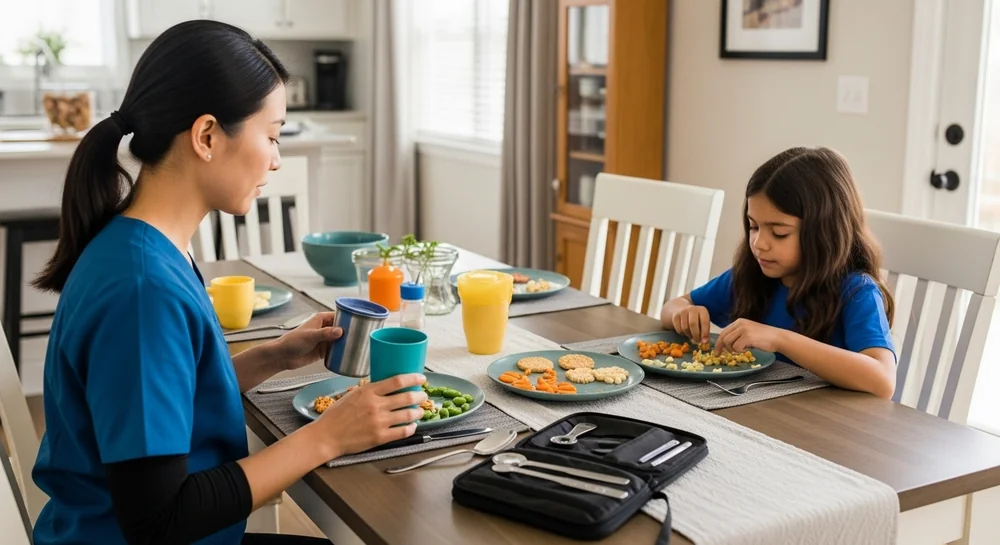 Child engaged in feeding therapy with various foods and textures
