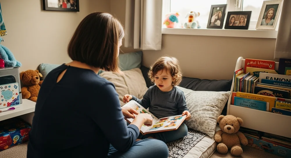 Child working on reading and literacy skills with therapist